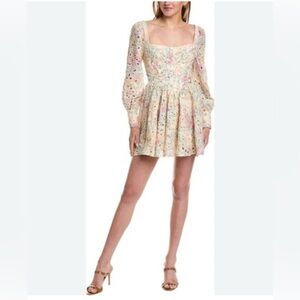 Bardot Lila Flounce Mini Dress Floral Lace Dress with Long Sleeves Pastel Flo